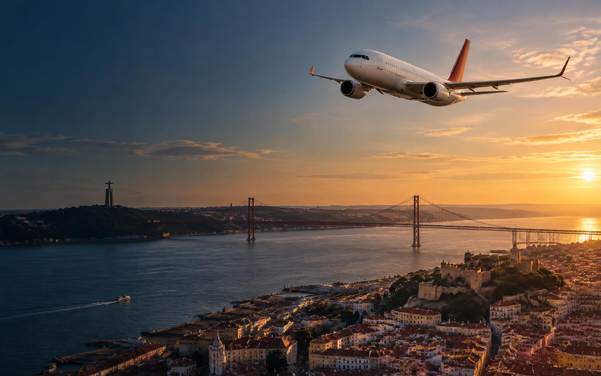 Aeronave sobrevoando Lisboa ao amanhecer