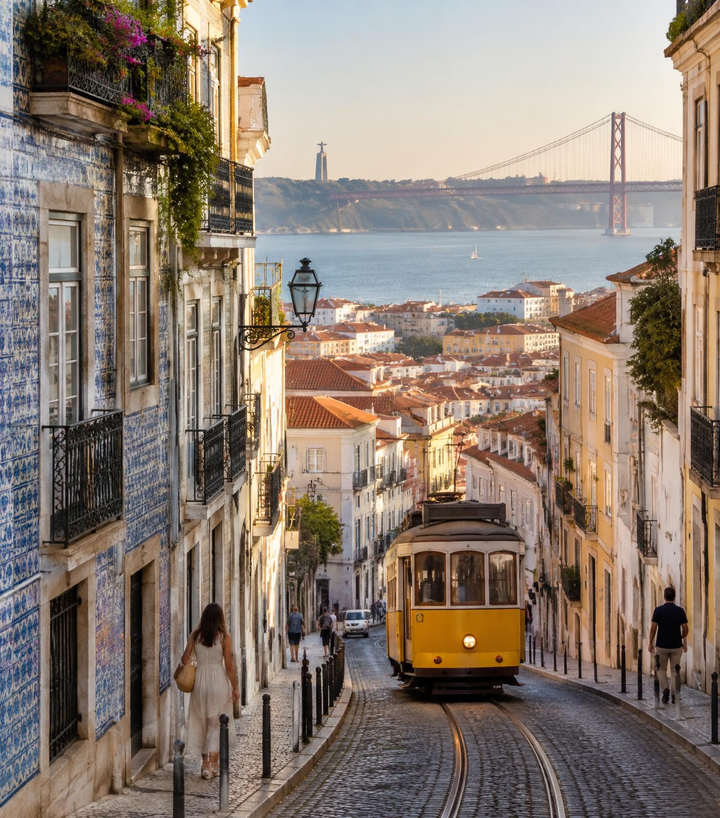 Lisboa, com o tradicional elétrico e a Ponte 25 de Abril
